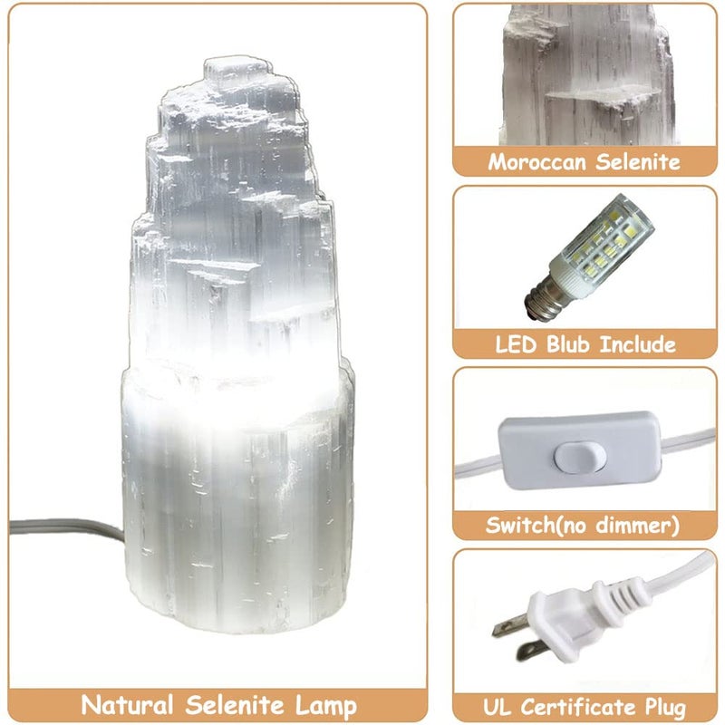 JIC Gem Natural Selenite Lamp 8" White Selenite Crystal Rock Lamps with Switch Cord and Bulb - Image 3